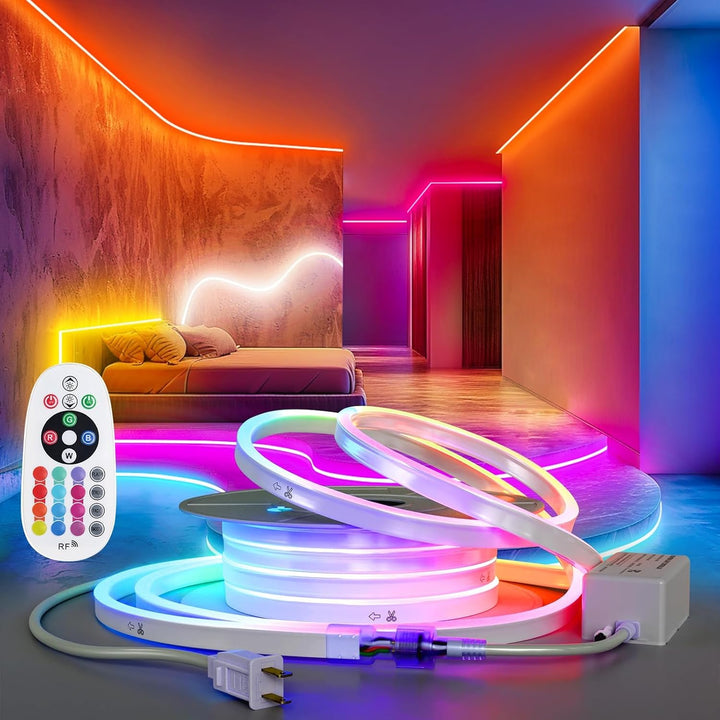 SLNR12 Dotless Neon RGB LED Strip Light 110V IP65 Outdoor Rated Dimmable High Voltage Silicone Strip Light Screws, Mounting Aluminum Clamps, End Cap, Screws, Remote Control and Power Cable