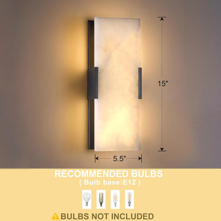 SCH12 Alabaster Marble 15" Indoor Wall Sconce Light Dimmable LED E12 Candelabra Base Socket Line Voltage 120V