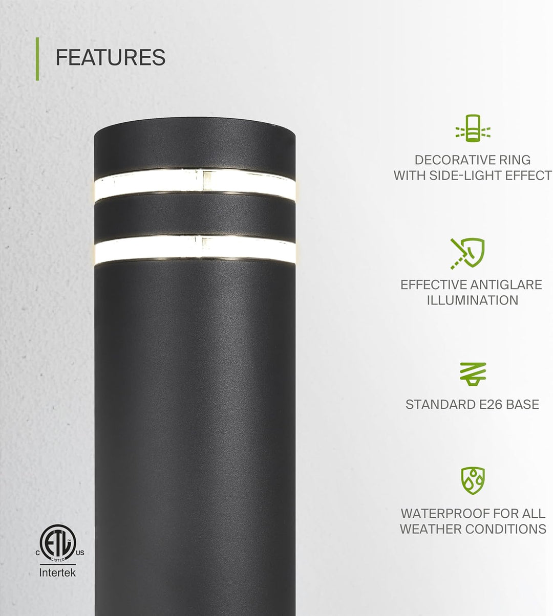 BPLA09 24" 120V Line Voltage E26 Socket Black Aluminum Round Bollard Path Light Outdoor Lighting