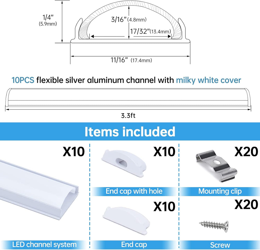 AC12 U-Shaped Rectangular Flexible Black and Silver Finish Aluminum Channel with Frosted Plastic Cover 3.3FT/1M For Max 12mm Width LED Strip Lights Pack of 6/10/20