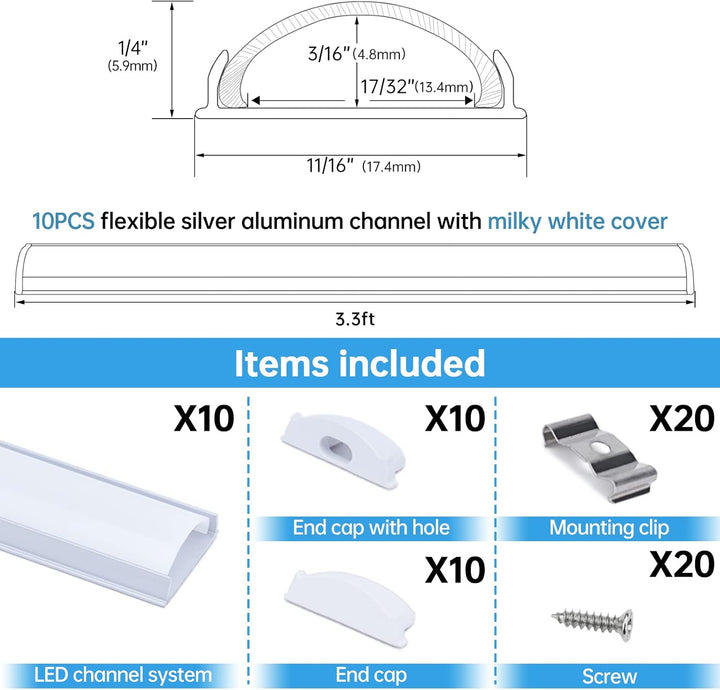 AC12 U-Shaped Rectangular Flexible Black and Silver Finish Aluminum Channel with Frosted Plastic Cover 3.3FT/1M For Max 12mm Width LED Strip Lights Pack of 6/10/20