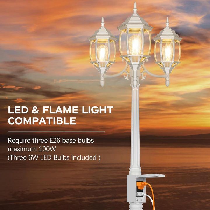PLH01 Classic Black or White Aluminum 3-Head Post Light 95" Pole with Glass Panels 3 6W 2700K E26 Base Medium Base Included 120V with Photocell Sensor Sockets for Garden, Exterior Lighting