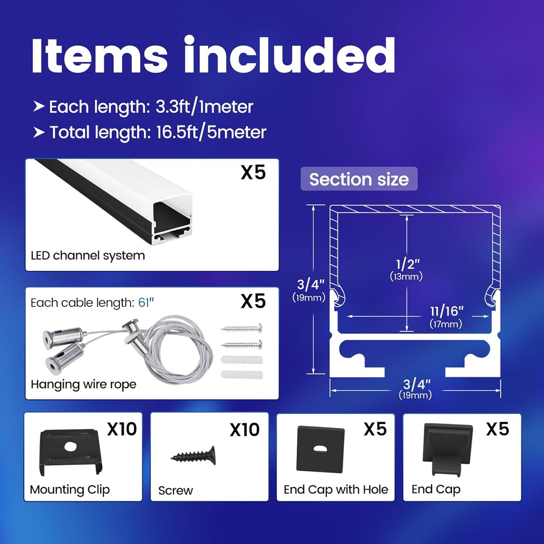 AC15 Spotless Aluminum Channel with Hanging Wire 3.3FT/1M For Max 17mm Width LED Strip Lights Pack of 5 and 10