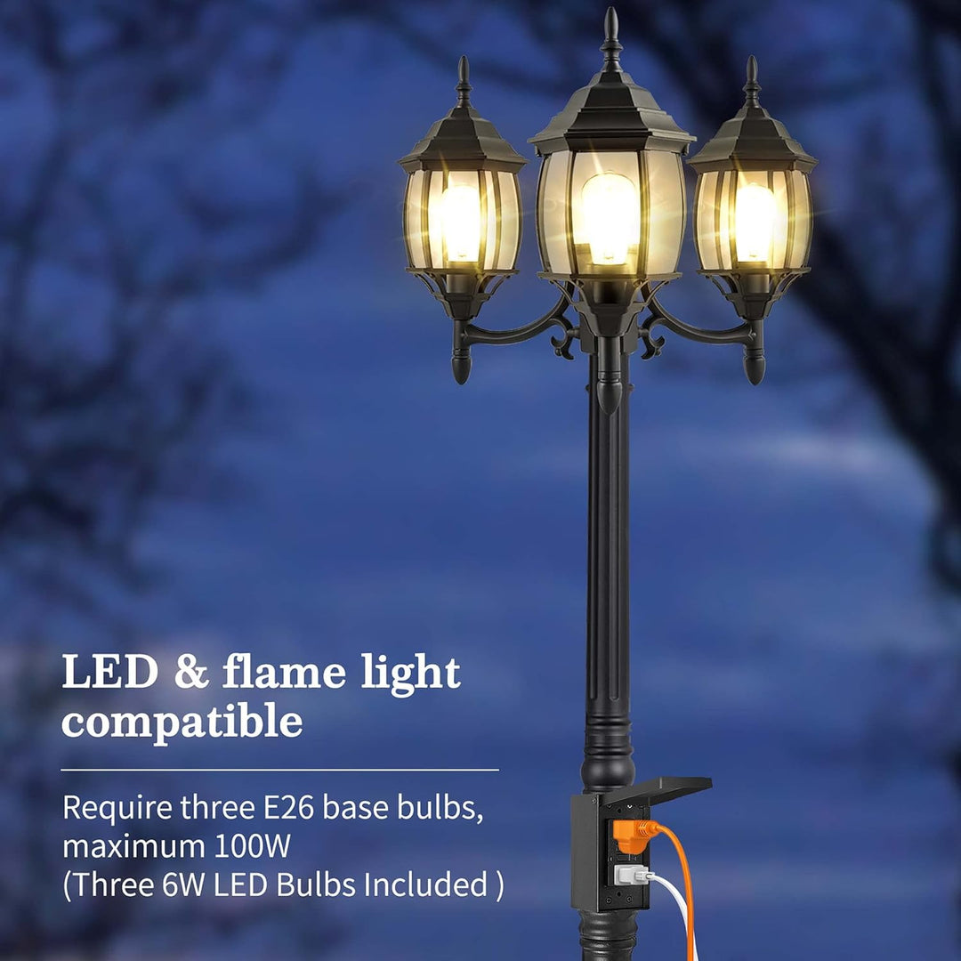 PLH01 Classic Black or White Aluminum 3-Head Post Light 95" Pole with Glass Panels 3 6W 2700K E26 Base Medium Base Included 120V with Photocell Sensor Sockets for Garden, Exterior Lighting