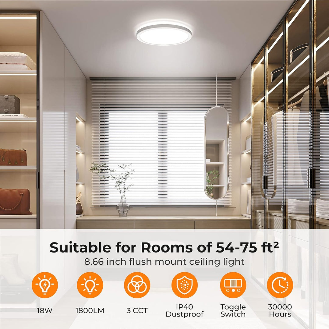 9" LED Selectable 120V Line Voltage 18W 1800LM 3CCT 3000K/4000K/5000K CRI90 Non-dimmable White Flush Mount Ceiling Light