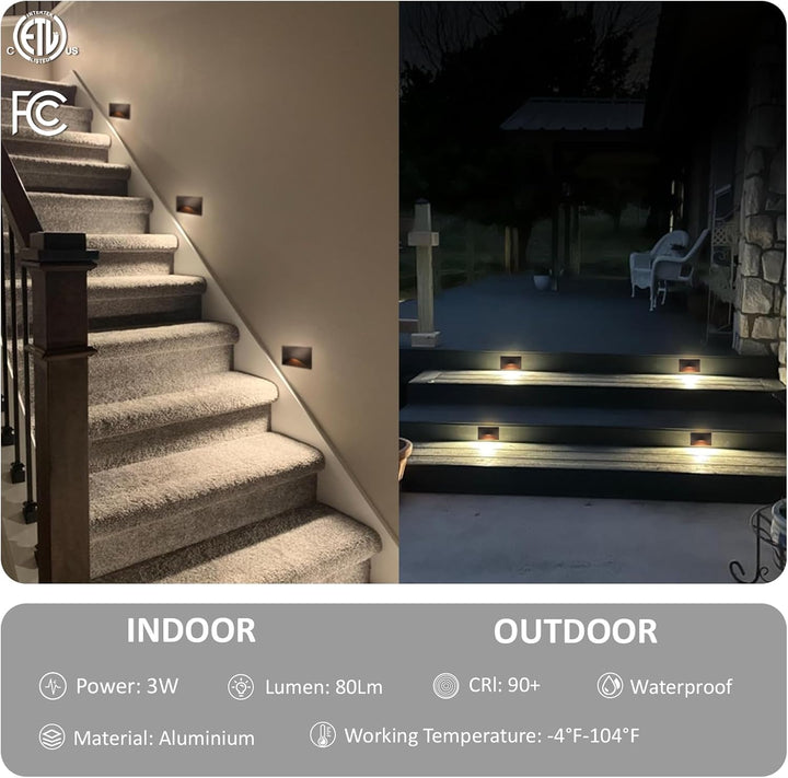 STAH03 5CCT 120V LED Aluminum Outdoor Step Lights, 2700K/3000K/3500K/4000K/5000K Stair Lighting Package, 3W Dimmable LED Lights for Step Stair, CRI90, ETL Listed, IP65 Waterproof