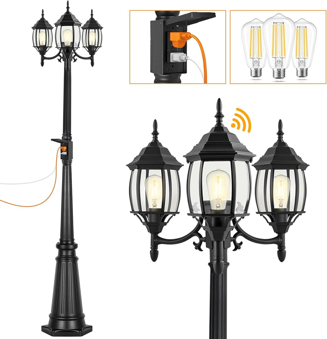 PLH01 Classic Black or White Aluminum 3-Head Post Light 95" Pole with Glass Panels 3 6W 2700K E26 Base Medium Base Included 120V with Photocell Sensor Sockets for Garden, Exterior Lighting