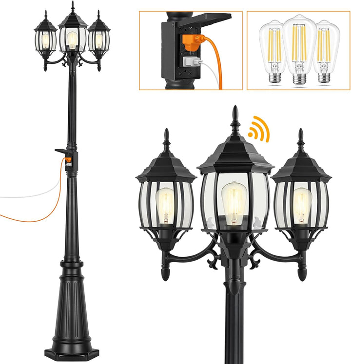 PLH01 Classic Black or White Aluminum 3-Head Post Light 95" Pole with Glass Panels 3 6W 2700K E26 Base Medium Base Included 120V with Photocell Sensor Sockets for Garden, Exterior Lighting