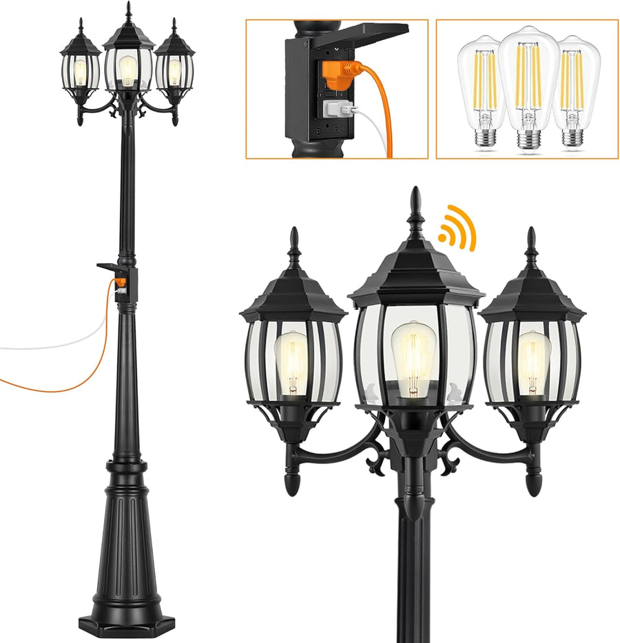 Outdoor Landscape Lighting LED 12V Low Voltage PLH01 Classic Black or White Aluminum 3-Head Post Light 95" Pole with Glass Panels 3 6W 2700K E26 Base Medium Base Included 120V with Photocell Sensor Sockets for Garden, Exterior Lighting Black