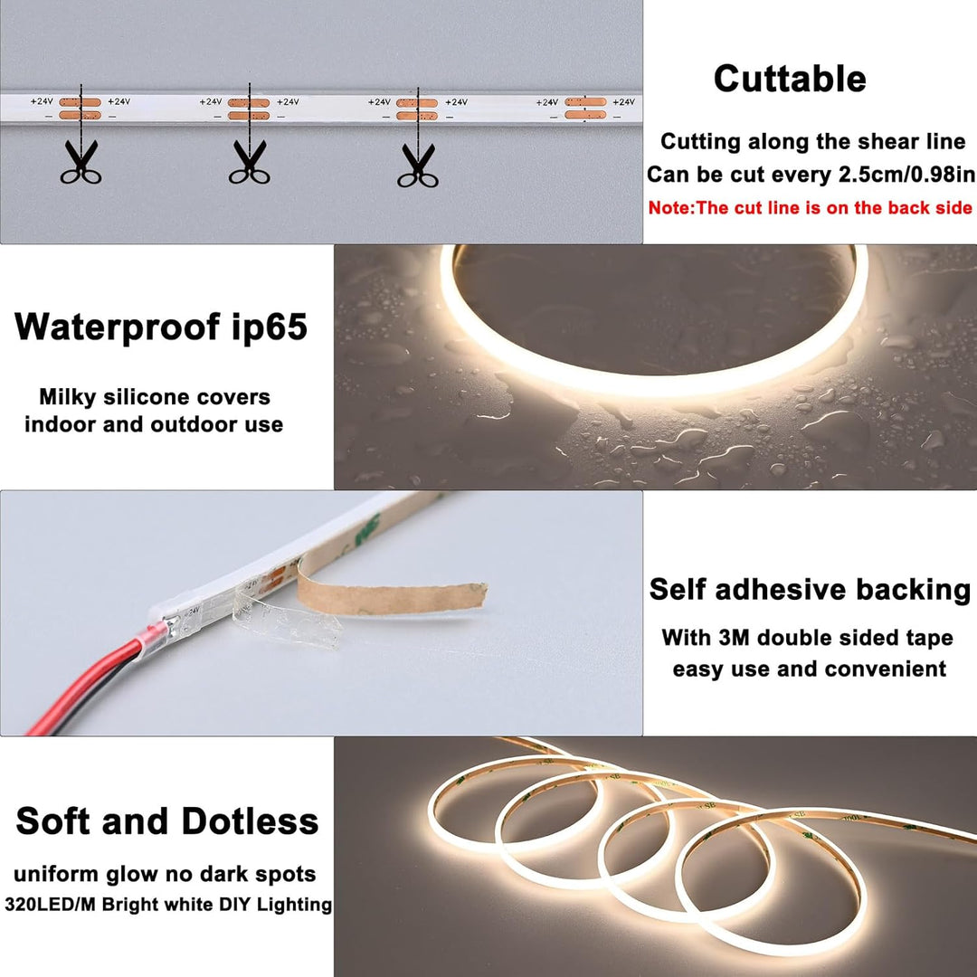 SLN13 Dotless Ultra Thin COB Neon LED Strip Light 1.46W/ft 5x3mm 3000K/4000K DC24V IP65 Outdoor Rated Dimmable Low Voltage Silicone Strip Light with Back Adhesive