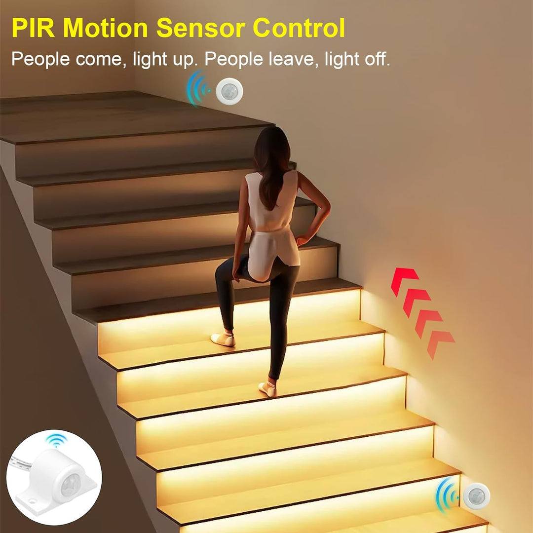 SLMS01 Intelligent Motion Sensor LED COB Strip Light Stair Light Kit 16 or 20 Stairs, Step by Step Control with Remote PIR & Light Sensor Control