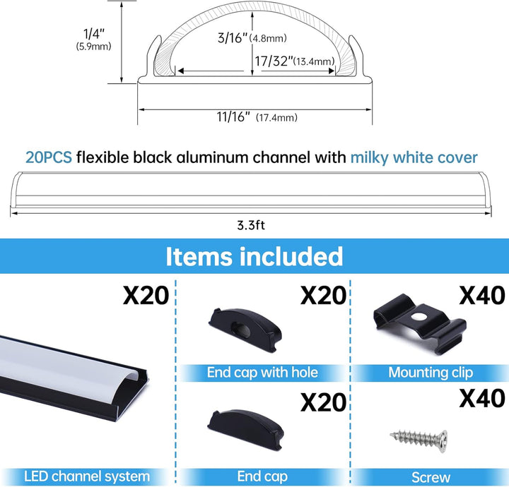 AC12 U-Shaped Rectangular Flexible Black and Silver Finish Aluminum Channel with Frosted Plastic Cover 3.3FT/1M For Max 12mm Width LED Strip Lights Pack of 6/10/20