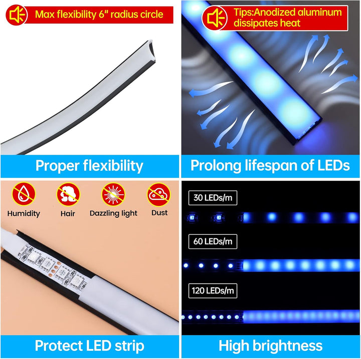 AC12 U-Shaped Rectangular Flexible Black and Silver Finish Aluminum Channel with Frosted Plastic Cover 3.3FT/1M For Max 12mm Width LED Strip Lights Pack of 6/10/20