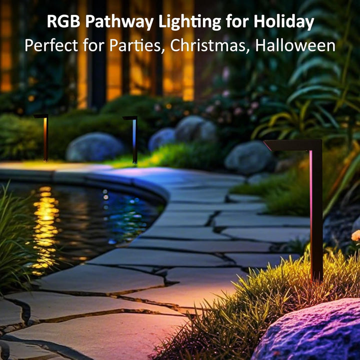 Outdoor Landscape Lighting LED 12V Low Voltage ALP75 6-Pack Low Voltage Landscape Lighting Pathway Lights Package, 5W RGB Color Changing L-Shaped Landscape Lights, IP65 Waterproof, Bronze Aluminum Outdoor Landscape Path Lights