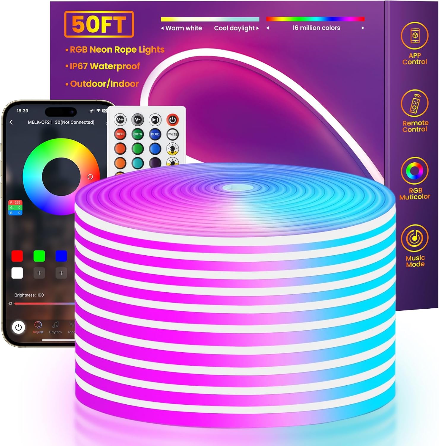 SLNR08 Dotless COB Smart Bluetooth RGB-IC Neon LED Strip Light DC24V I ...
