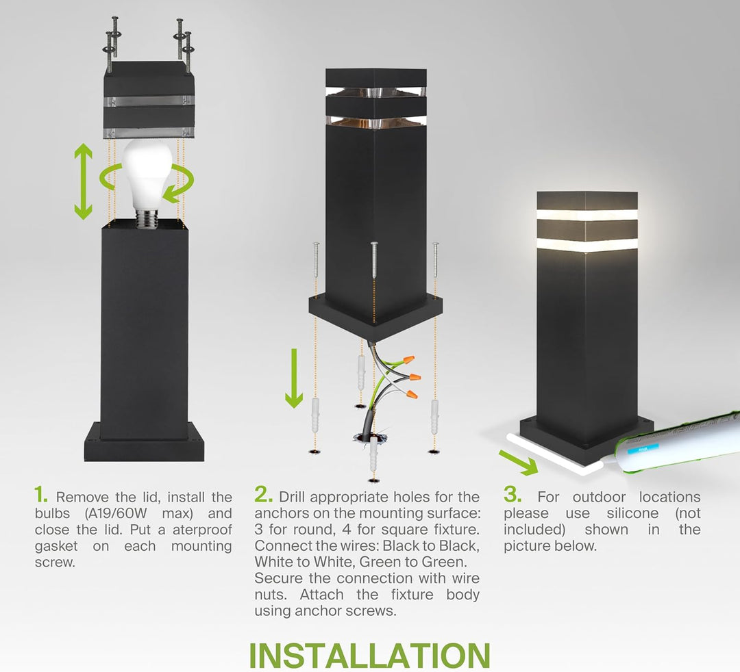 BPLA10 24" 120V Line Voltage E26 Socket Black Aluminum Square Bollard Path Light Outdoor Lighting
