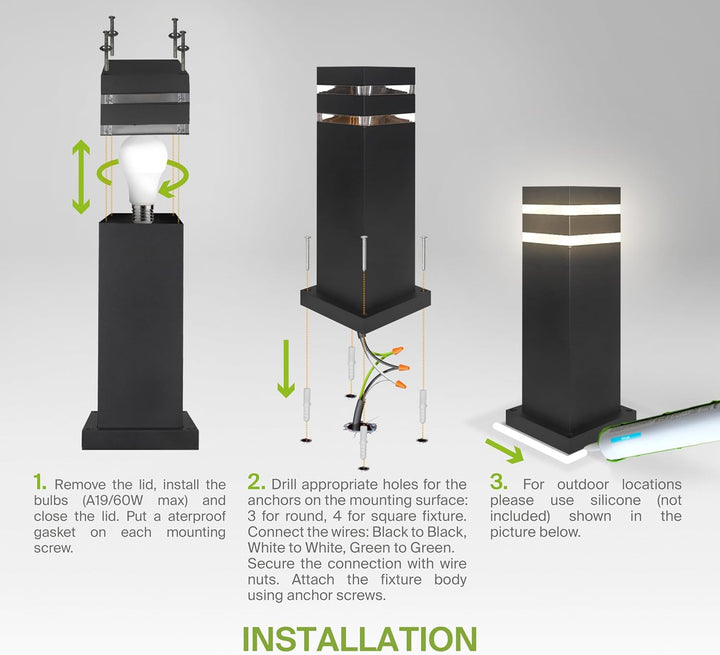 BPLA10 24" 120V Line Voltage E26 Socket Black Aluminum Square Bollard Path Light Outdoor Lighting