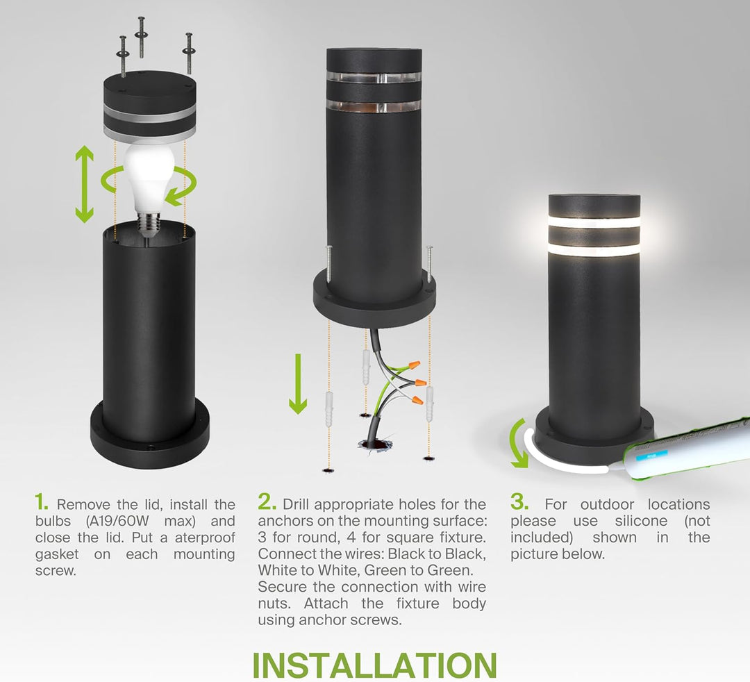 BPLA09 24" 120V Line Voltage E26 Socket Black Aluminum Round Bollard Path Light Outdoor Lighting