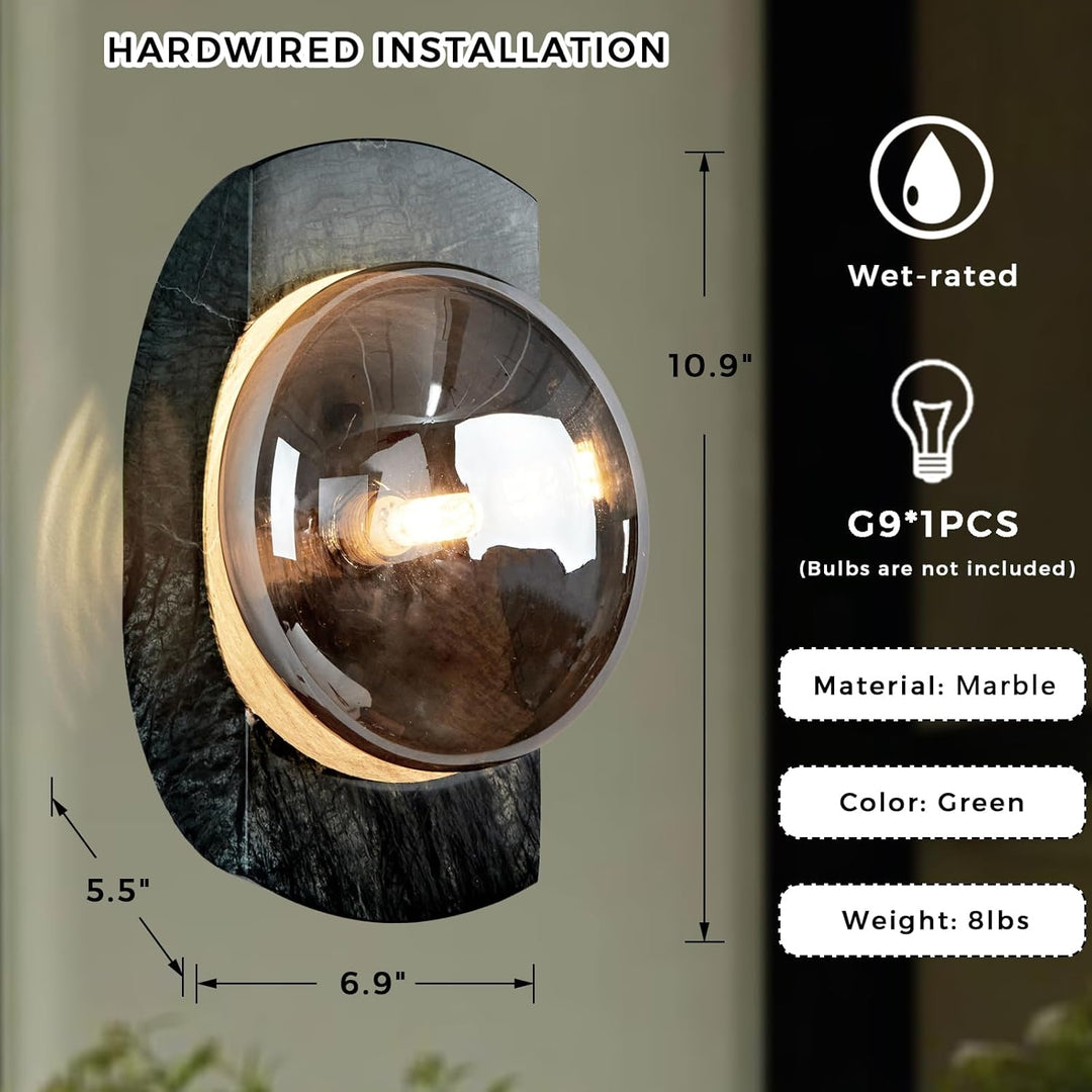 SCH13 Smoked Luster Veining Globe Solid Green Marble Indoor and Outdoor Wall Sconce Light 6.9"x5.5"x10.9" LED G9 Base Socket Line Voltage 120V Waterproof