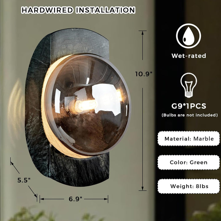 SCH13 Smoked Luster Veining Globe Solid Green Marble Indoor and Outdoor Wall Sconce Light 6.9"x5.5"x10.9" LED G9 Base Socket Line Voltage 120V Waterproof