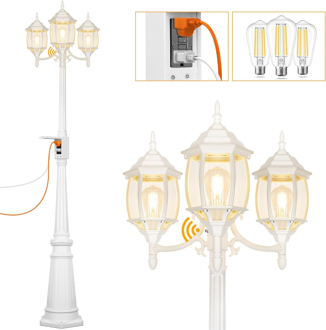 PLH01 Classic Black or White Aluminum 3-Head Post Light 95" Pole with Glass Panels 3 6W 2700K E26 Base Medium Base Included 120V with Photocell Sensor Sockets for Garden, Exterior Lighting