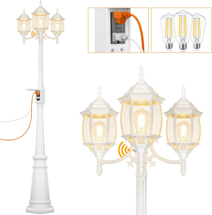 PLH01 Classic Black or White Aluminum 3-Head Post Light 95" Pole with Glass Panels 3 6W 2700K E26 Base Medium Base Included 120V with Photocell Sensor Sockets for Garden, Exterior Lighting