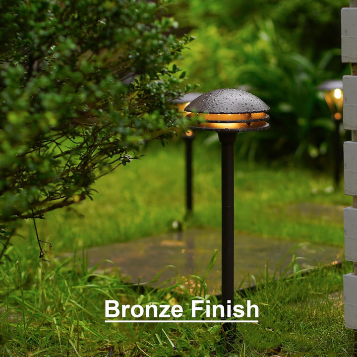 ALP72 2 and 8 Pack Integrated LED Landscape 3-Tier Pagoda Metal Pathway Lights Package, 3000K 4W 80 LM Low Voltage 12V AC Bronze Pagoda Outdoor Landscape Lighting