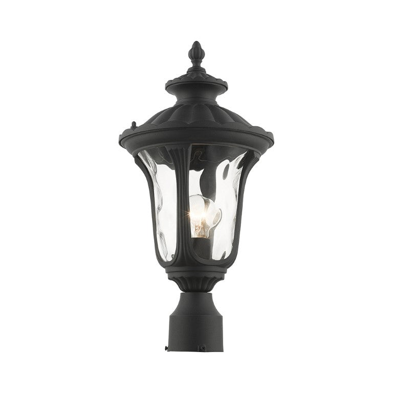 7848-14 Oxford Medium Base 1 Light Bulb Socket Small Outdoor Post Top Lantern 15.5" x 7.25" Aluminum and Hand Blown Clear Water Glass, Textured Black Finish 120V for Garden, Exterior Post