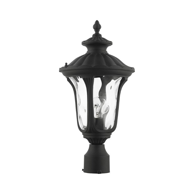 7848-14 Oxford Medium Base 1 Light Bulb Socket Small Outdoor Post Top Lantern 15.5" x 7.25" Aluminum and Hand Blown Clear Water Glass, Textured Black Finish 120V for Garden, Exterior Post