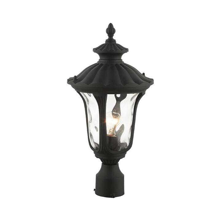 7848-14 Oxford Medium Base 1 Light Bulb Socket Small Outdoor Post Top Lantern 15.5" x 7.25" Aluminum and Hand Blown Clear Water Glass, Textured Black Finish 120V for Garden, Exterior Post