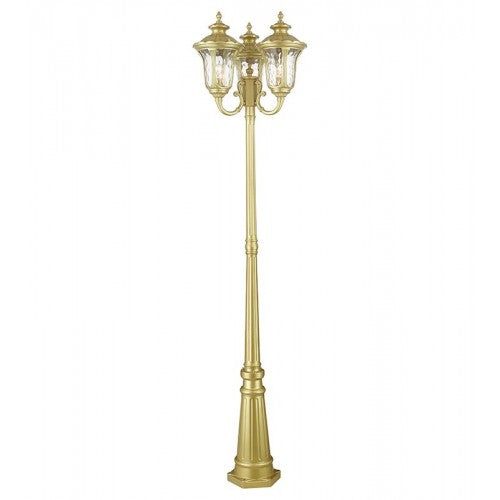 7866-33 Oxford Medium Base 3 Light Bulb Socket Outdoor 3 Head Post 87" x 23" Cast Aluminum and Hand Blown Clear Water Glass, Soft Gold Finish 120V for Garden, Exterior Post