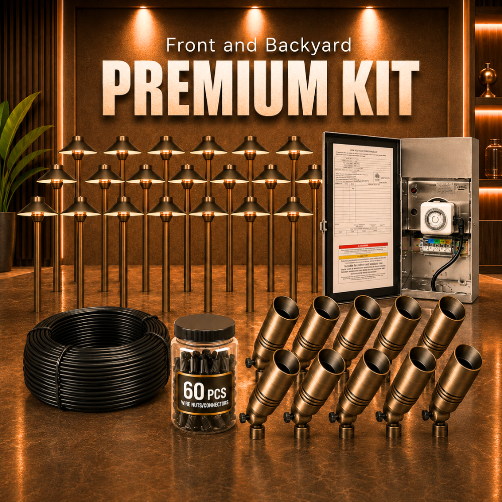 Outdoor Landscape Lighting LED 12V Low Voltage Complete Brass Landscape Lighting Kit: Spotlights, Path Lights, Transformer, Wire & All Required Components Premium Kit: (10) SPB06 | (20) PLB02