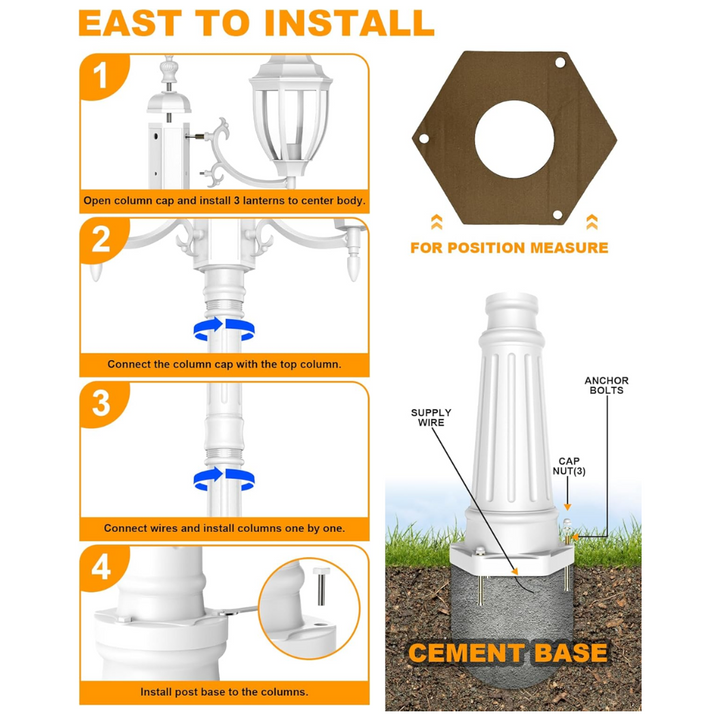 PLH02 Classic Black or White Aluminum 3-Head Post Light 92.5" Pole with Glass Panels 3 E26 Base Medium Base Socket 120V with for Garden, Exterior Lighting