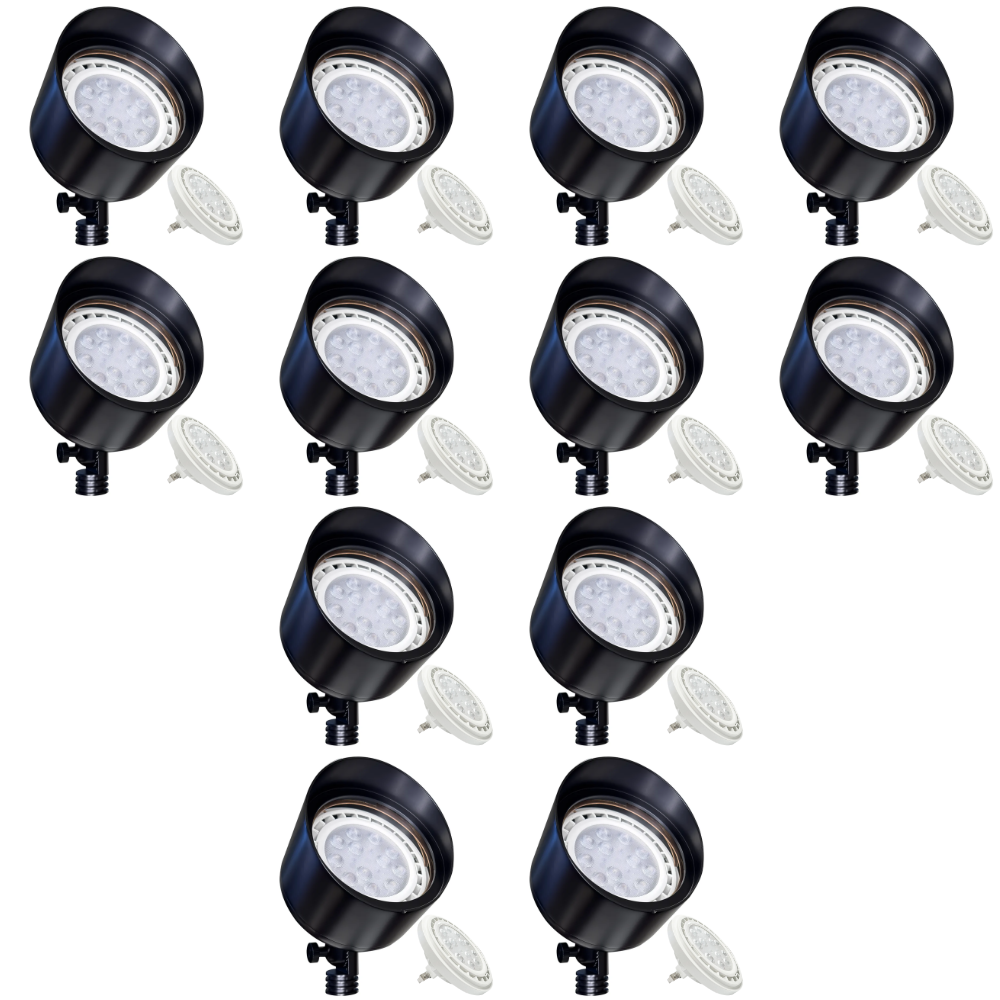 Outdoor Landscape Lighting LED 12V Low Voltage SPB07 4x/8x/12x Brass Outdoor Floodlight 12V Low Voltage LED Landscape Lighting Package with PAR36 10W 160° 3000K Bulb 12 Pack Black Brass