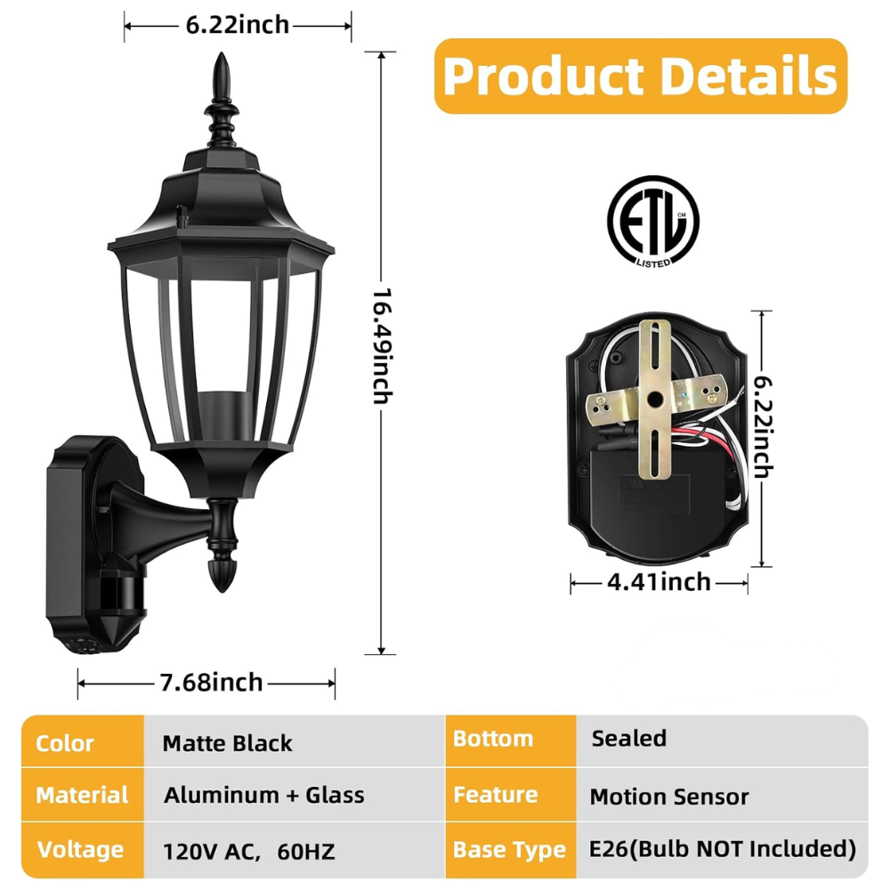 Outdoor Landscape Lighting LED 12V Low Voltage SCH14 2-Pack Classic Motion Sensor and Dusk to Dawn Outdoor Aluminum Wall Sconce Light Package 6"x 16"x 7" LED E26 Base Socket Line Voltage 120V Waterproof