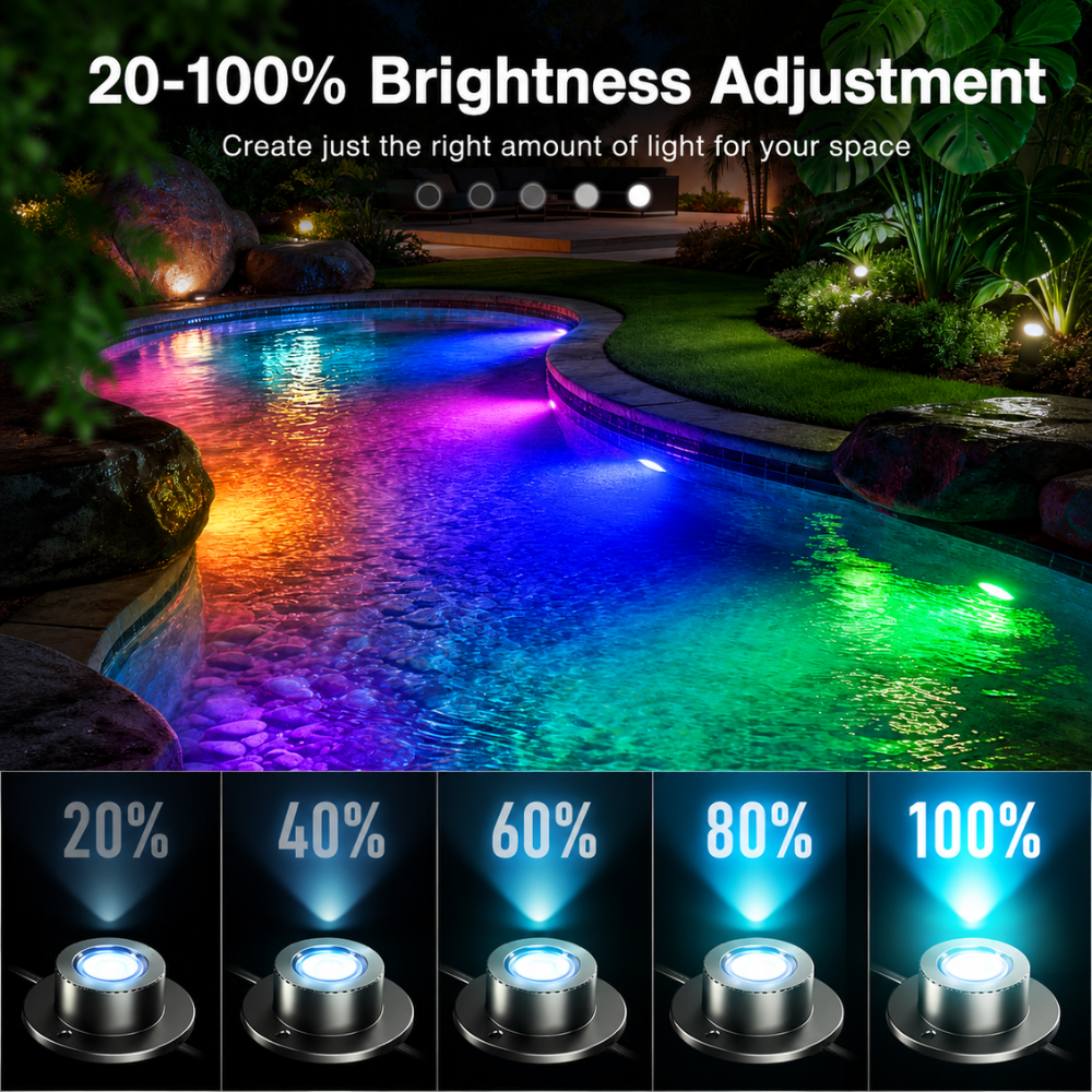 Outdoor Landscape Lighting LED 12V Low Voltage ULBA05 Aluminum Underwater Landscape 12-24V AC/DC 3W RGB+Warm White Integrated Color-changing Fountain Light Pond Lighting IP68 with Remote Control and Transformer Included