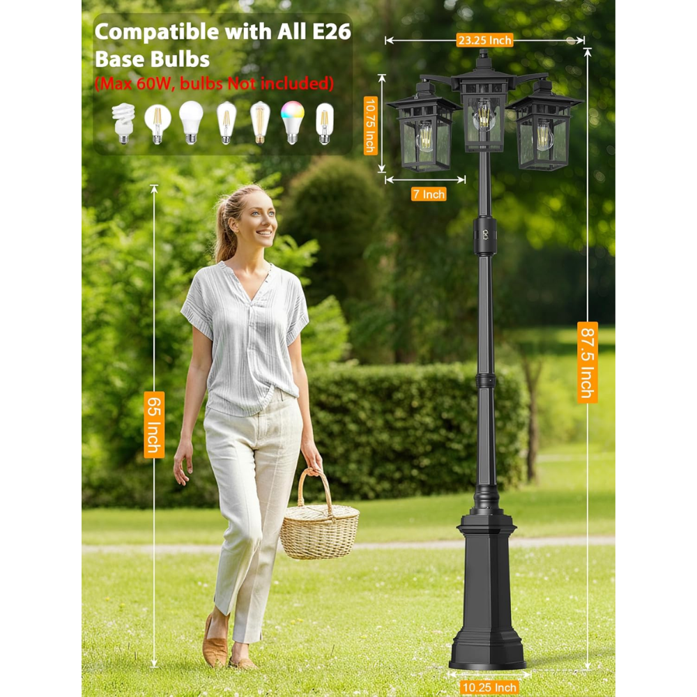 PLH04 360° Motion Sensor and Dusk-to-Dawn Classic Black Aluminum 3-Head Rectangular Post Light 87.5" Pole with Glass Panels 3 E26 Base Medium Base Socket 120V with for Garden, Exterior Lighting