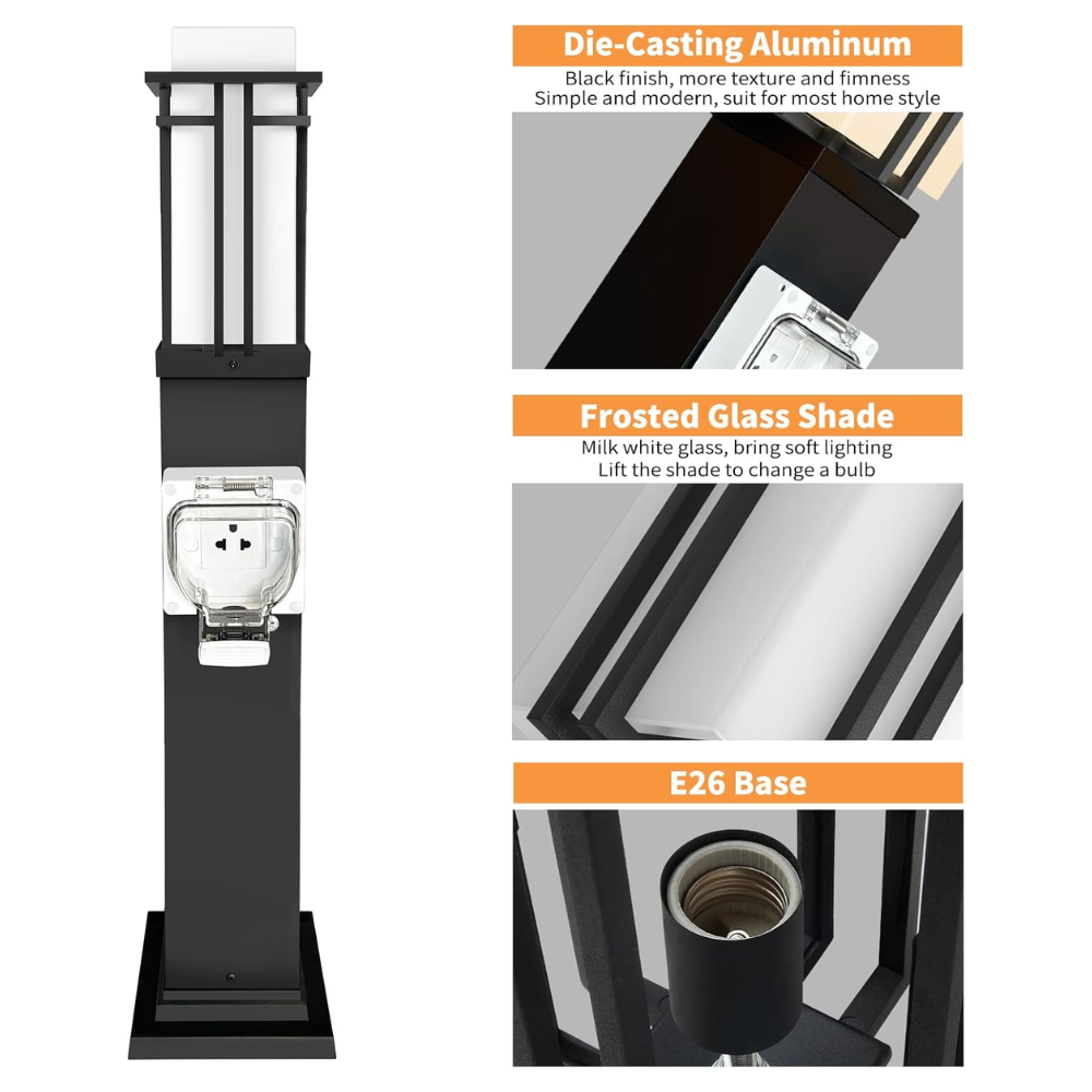 Outdoor Landscape Lighting LED 12V Low Voltage CPLA10 Outdoor Aluminum Post Mounted Lantern Light with 40" Post and Built-in GFCI Outlet, Mount Base E26 Socket Line Voltage 120V AC IP65 Waterproof