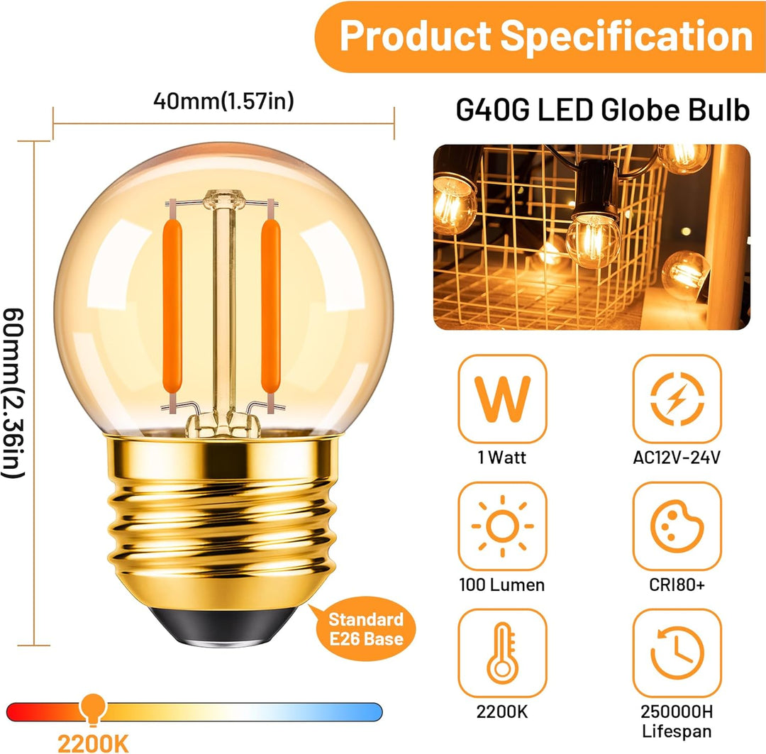 Outdoor Landscape Lighting LED 12V Low Voltage E26 1W 100LM 12V-24V 2200K Amber AC/DC LED Filament Edison 6-Pack Bulbs Package Energy Saving Low Voltage Light Bulb