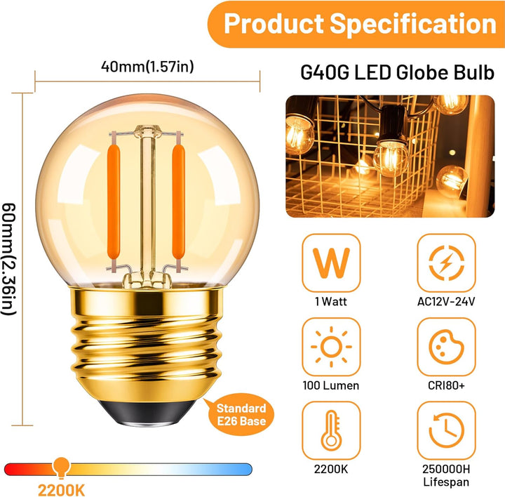 Outdoor Landscape Lighting LED 12V Low Voltage E26 1W 100LM 12V-24V 2200K Amber AC/DC LED Filament Edison 6-Pack Bulbs Package Energy Saving Low Voltage Light Bulb
