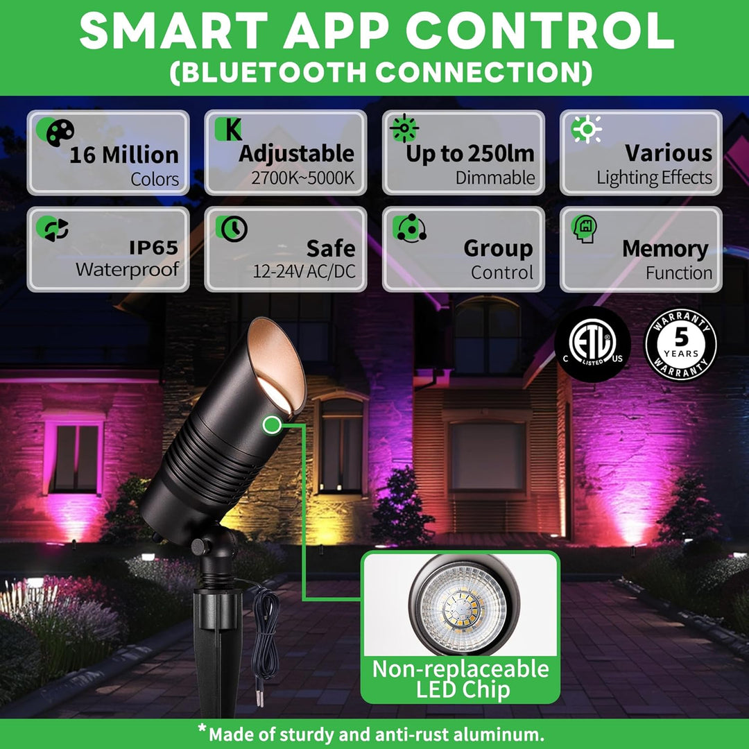 ALSR04 RGB+2700K-5000K LED Landscape Spotlights Package, 5W Low Voltage 12V Cast Aluminum Directional Outdoor Landscape Lighting IP65 Waterproof