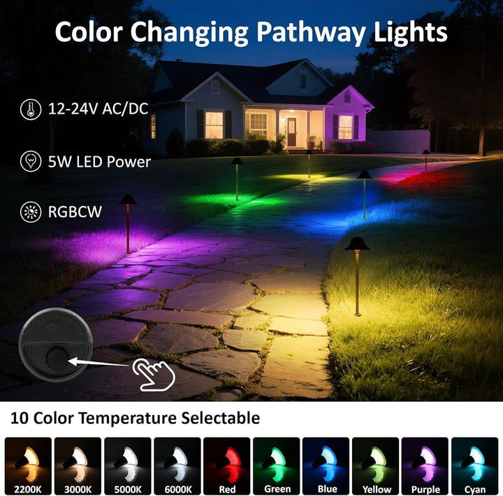 Outdoor Landscape Lighting LED 12V Low Voltage ALPR01 12V Low Voltage 5W 10-Color RGBCW LED Landscape Lighting 200LM, Black Umbrella Pathway Light Package, Die-Cast Aluminum, IP65 Waterproof