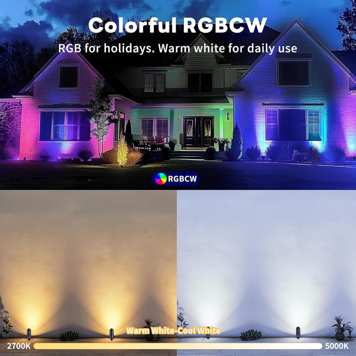 ALSR04 RGB+2700K-5000K LED Landscape Spotlights Package, 5W Low Voltage 12V Cast Aluminum Directional Outdoor Landscape Lighting IP65 Waterproof