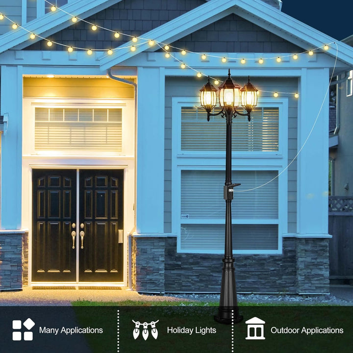 PLH01 Classic Black or White Aluminum 3-Head Post Light 95" Pole with Glass Panels 3 6W 2700K E26 Base Medium Base Included 120V with Photocell Sensor Sockets for Garden, Exterior Lighting