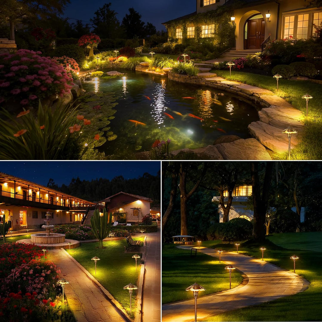 Outdoor Landscape Lighting LED 12V Low Voltage ALP04 4- and 6-Pack 12V Low Voltage 5W 200LM 2900K Warm White LED Landscape Lighting, Oil-Rubbed Bronze Umbrella Pathway Light Package, Die-Cast Aluminum, IP65 Waterproof
