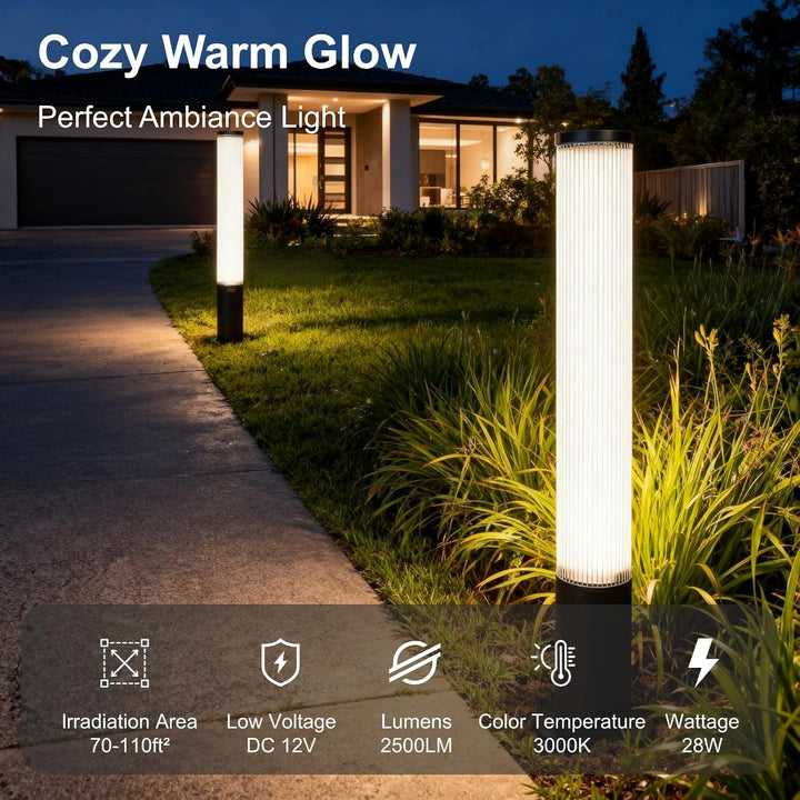 CPLA14 DC12V Low Voltage Integrated 28W 32" LED 3000K Outdoor Aluminum Ribbed Bollard Path Light Bolted Mount Base IP65 Waterproof