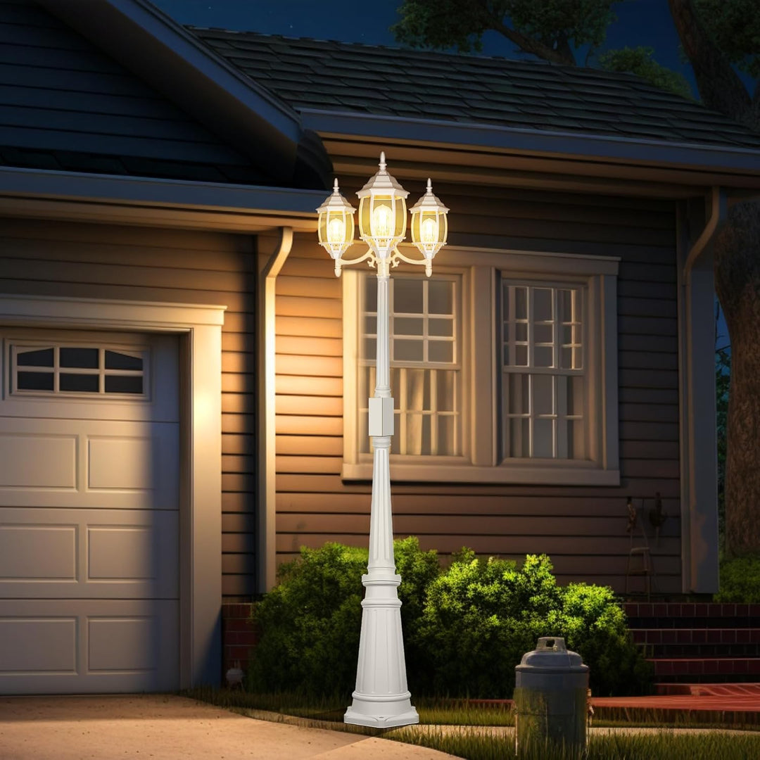 PLH01 Classic Black or White Aluminum 3-Head Post Light 95" Pole with Glass Panels 3 6W 2700K E26 Base Medium Base Included 120V with Photocell Sensor Sockets for Garden, Exterior Lighting