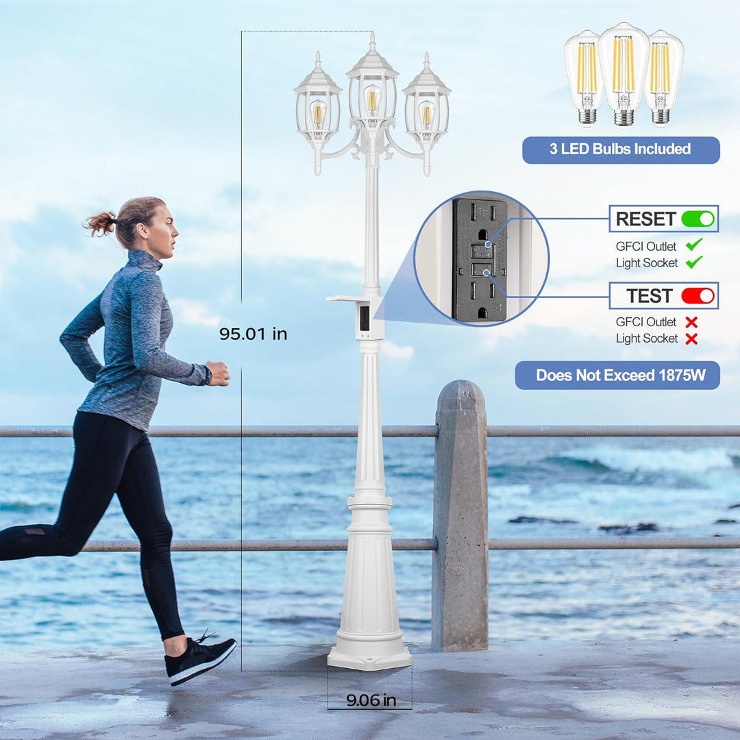 PLH01 Classic Black or White Aluminum 3-Head Post Light 95" Pole with Glass Panels 3 6W 2700K E26 Base Medium Base Included 120V with Photocell Sensor Sockets for Garden, Exterior Lighting