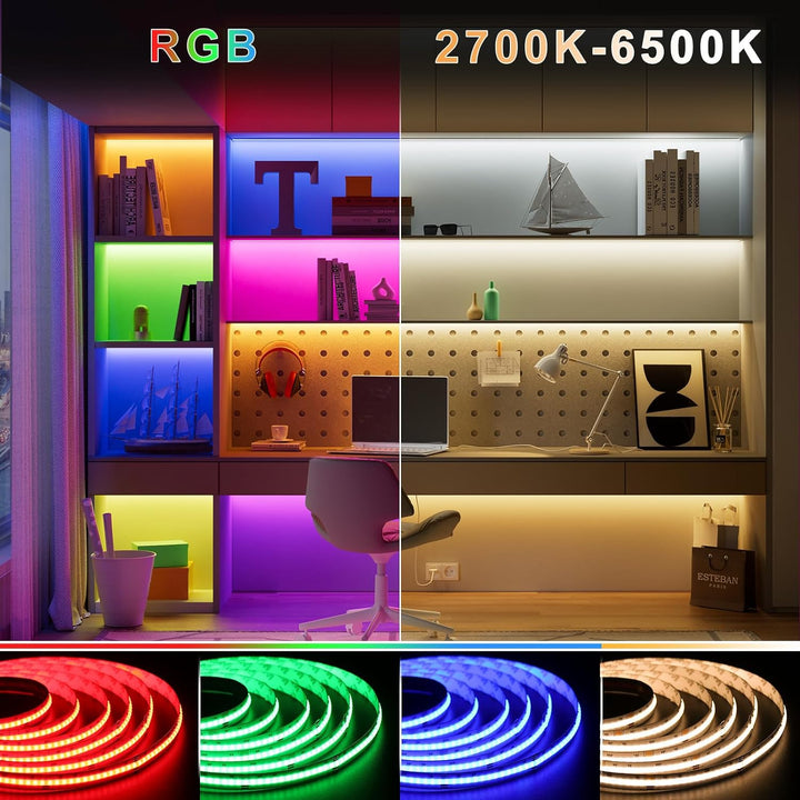 SLD09 Dotless Linear LED RGB CCT Color Changing and Tunable White 16.4ft (5M) 5.5W/ft COB Strip Lights IP20/IP67 Low Voltage 12mm DC24V Tape Light