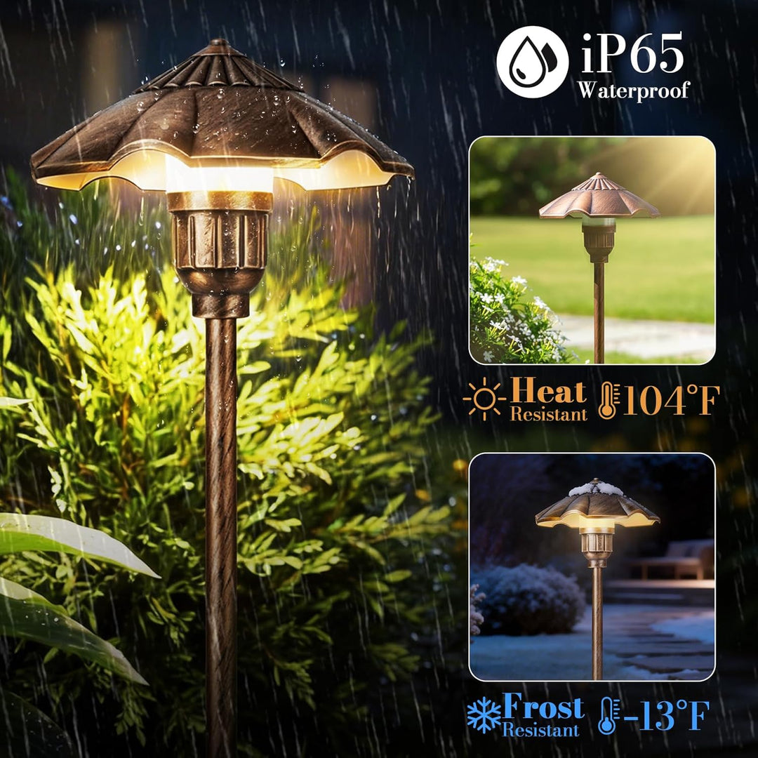 Outdoor Landscape Lighting LED 12V Low Voltage ALP04 4- and 6-Pack 12V Low Voltage 5W 200LM 2900K Warm White LED Landscape Lighting, Oil-Rubbed Bronze Umbrella Pathway Light Package, Die-Cast Aluminum, IP65 Waterproof